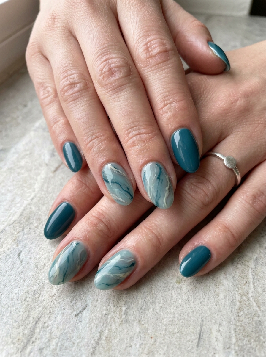 Teal Marble Nails